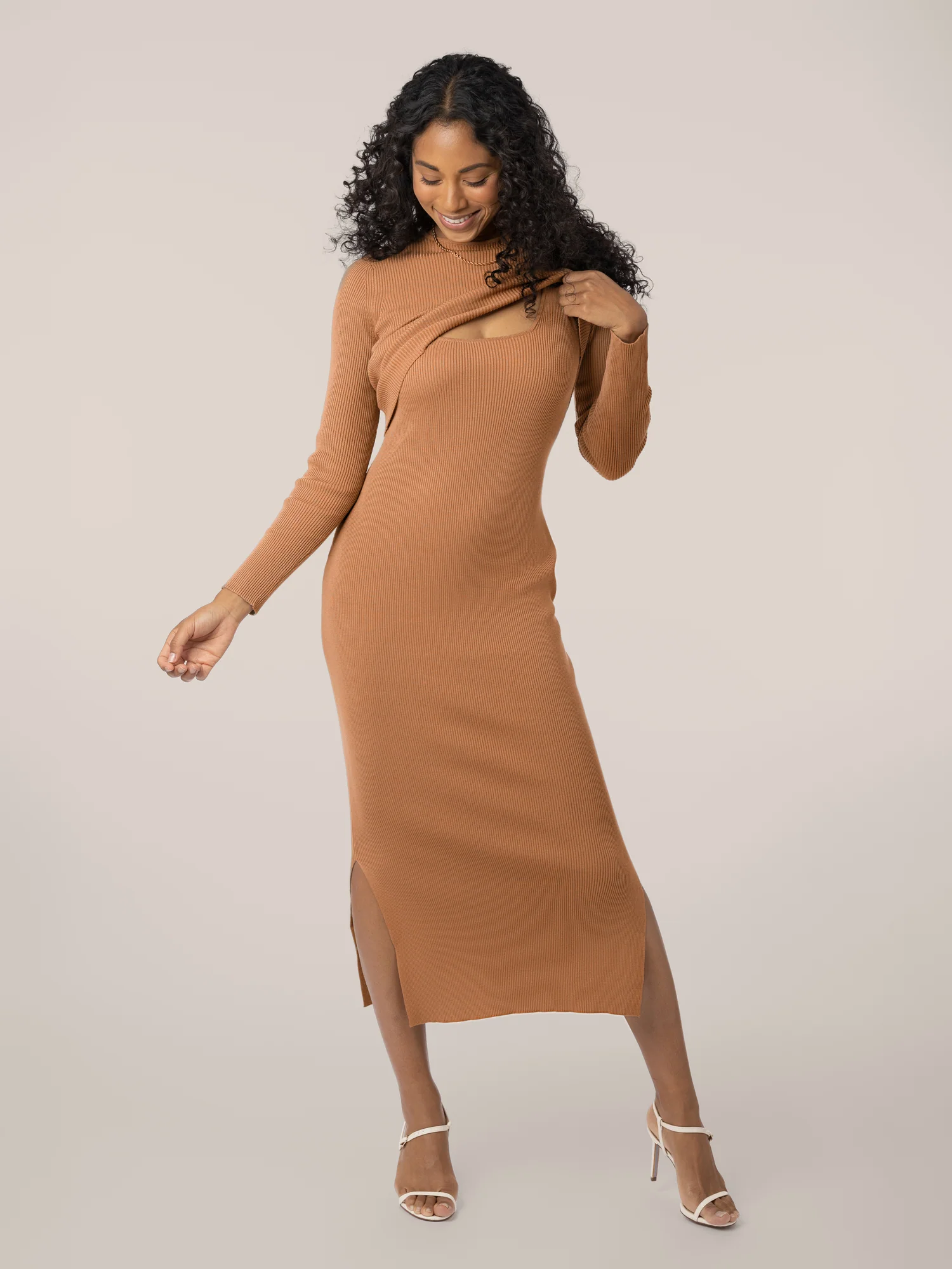 2-in-1 Maternity & Nursing Midi Dress | Camel - Image 4