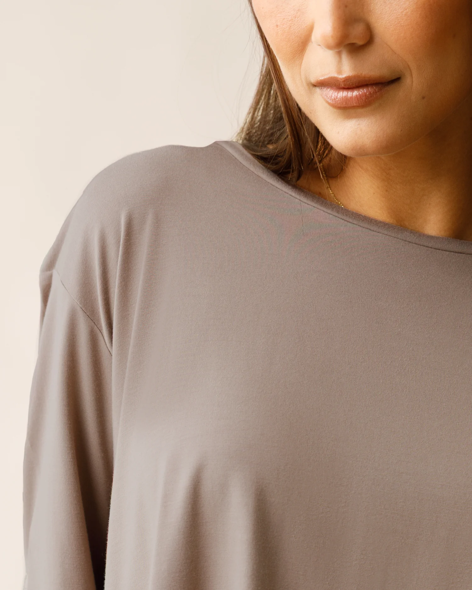 Aria Bamboo Casual Cropped Long Sleeve Top | Taupe - Image 2