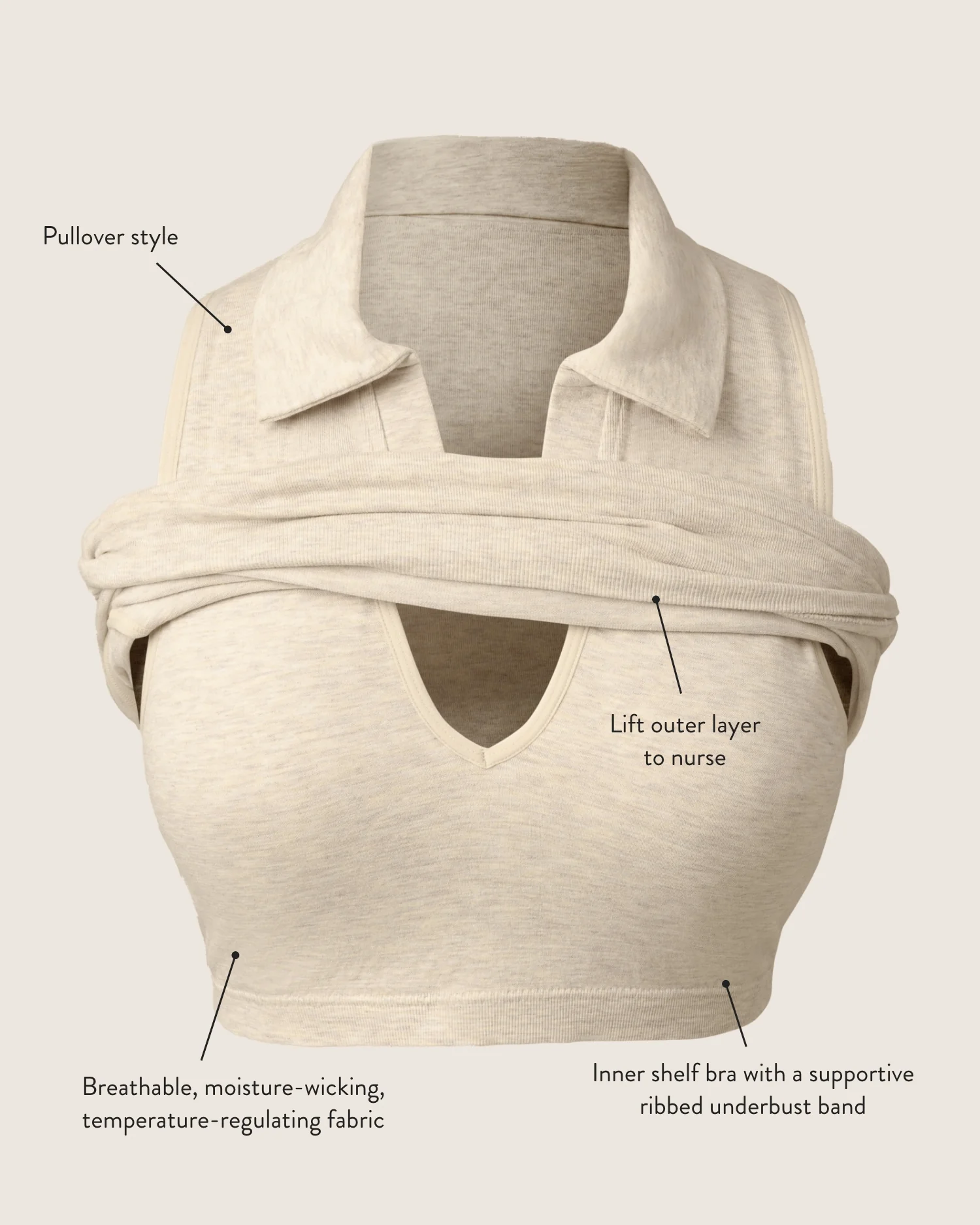 Sublime® Bamboo Collared Maternity & Nursing Longline Bra Top | Oatmeal Heather - Image 10
