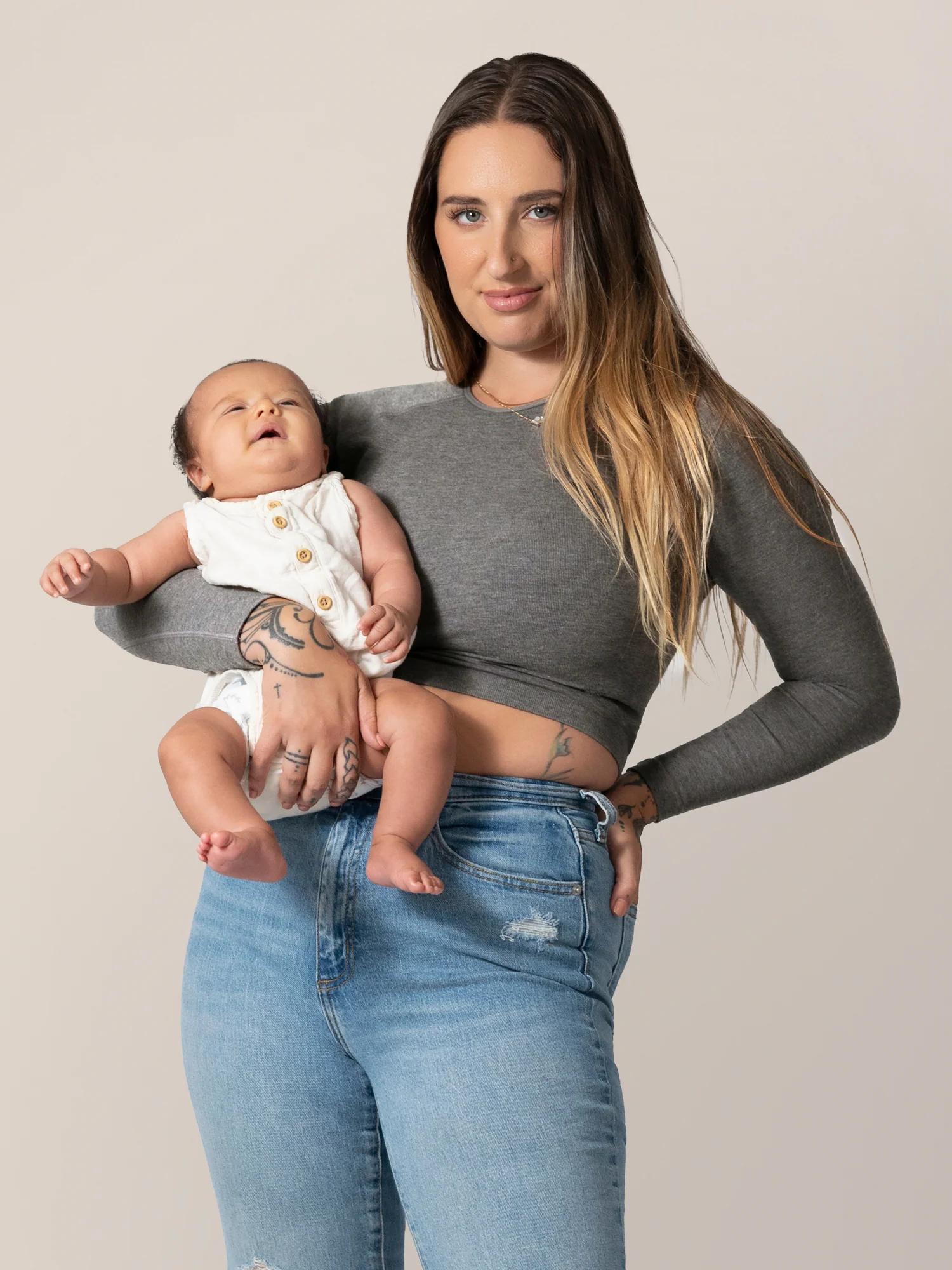 Sublime® Bamboo Maternity & Nursing Cropped Long Sleeve Top | Charcoal - Image 2