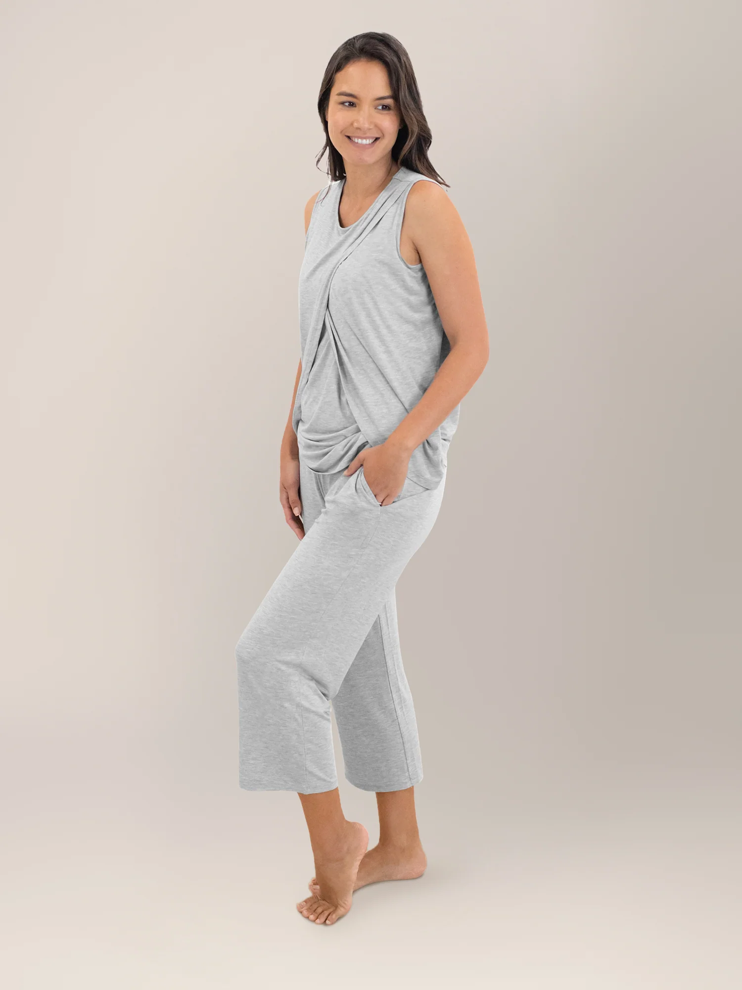 Tulip Hem Nursing Tank & Capri Pajama Set | Grey Heather - Image 4